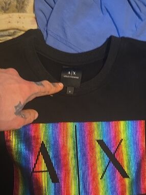Armani Exchange Black Tee with Rainbow Striped AX Graphic